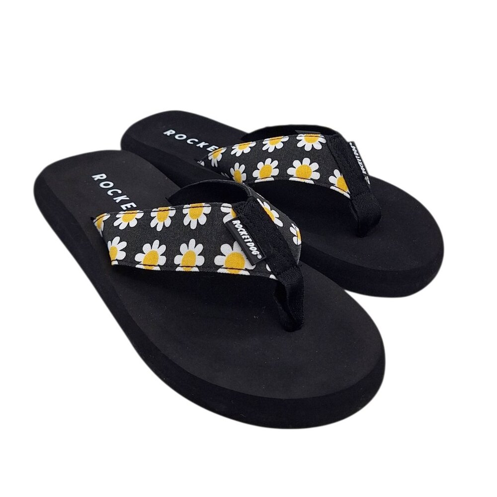Rocket Dog NIB Daisy Field Cotton Black Retro Flip Flops SZ 8 - Picture 2 of 8